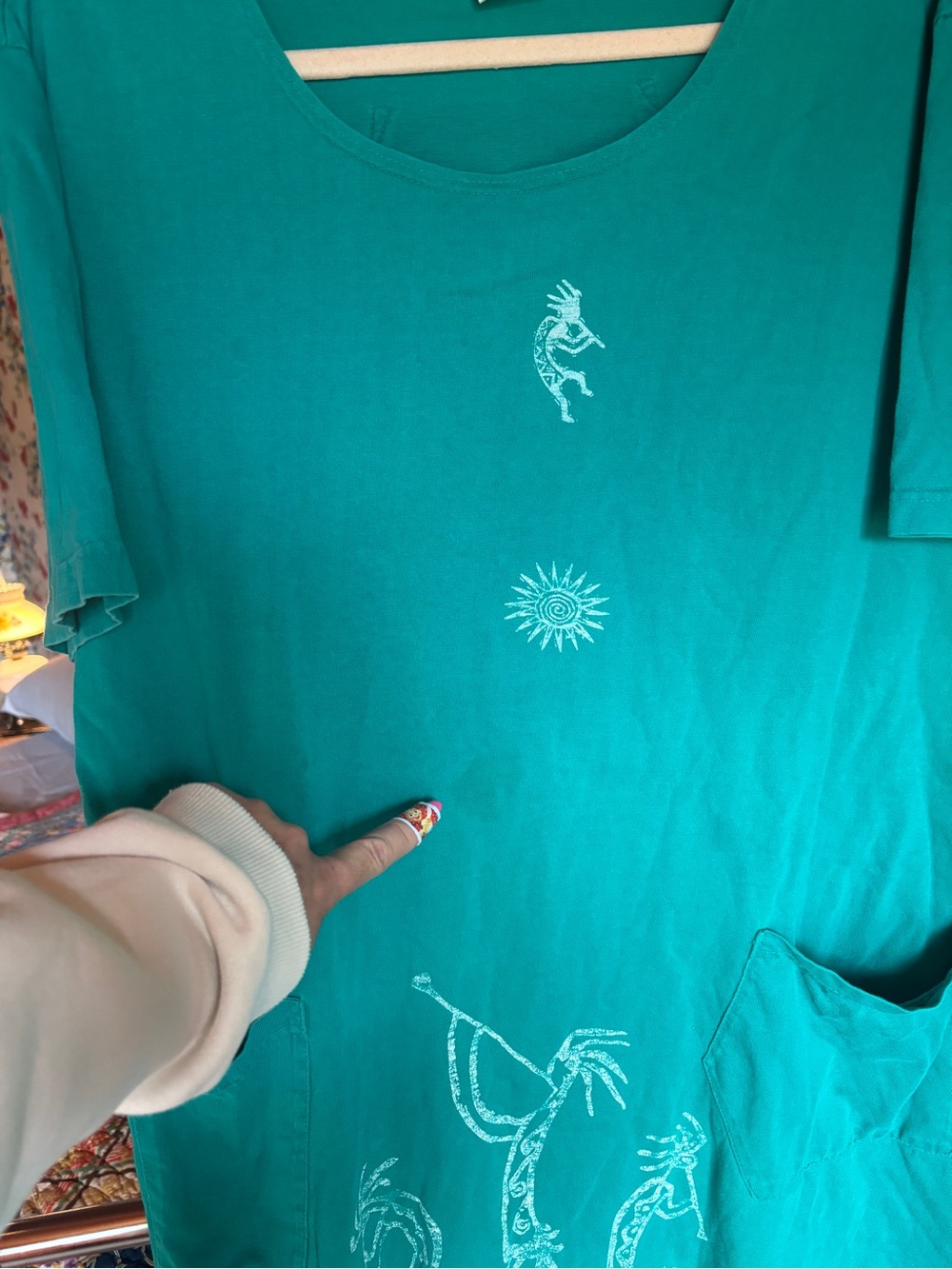 vintage kokopelli dress turquoise southwest boho festival artsy pocket dress L - Picture 6 of 7